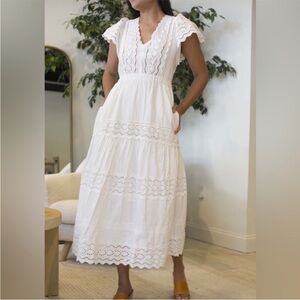 NEW Sea New York Georgina White Cotton V-Neck Eyelet Midi Dress Ruffle Size 8
